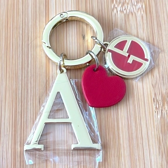 Brand New Giorgio Armani Gold Tone & Red Monogram A Keychain & Red Leather Strap - Picture 2 of 13